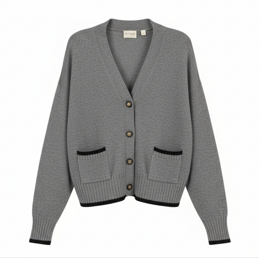 💚 Cyrus Gray V-Neck Cardigan with Black Trim